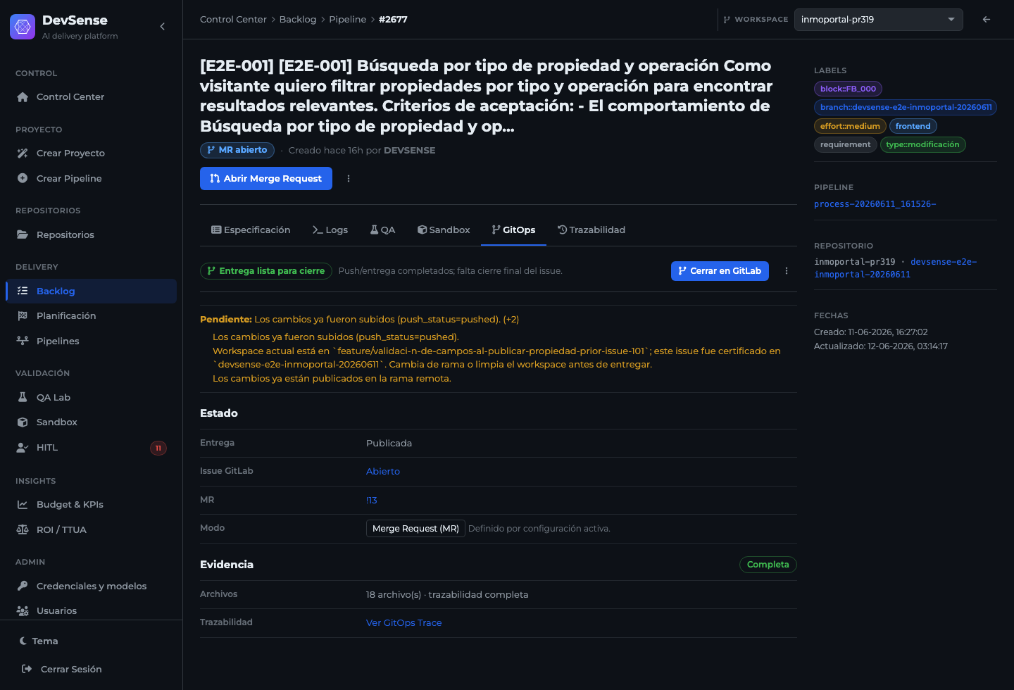 Captura real del detalle de cambio en DevSense: especificación, QA, sandbox, GitOps y trazabilidad